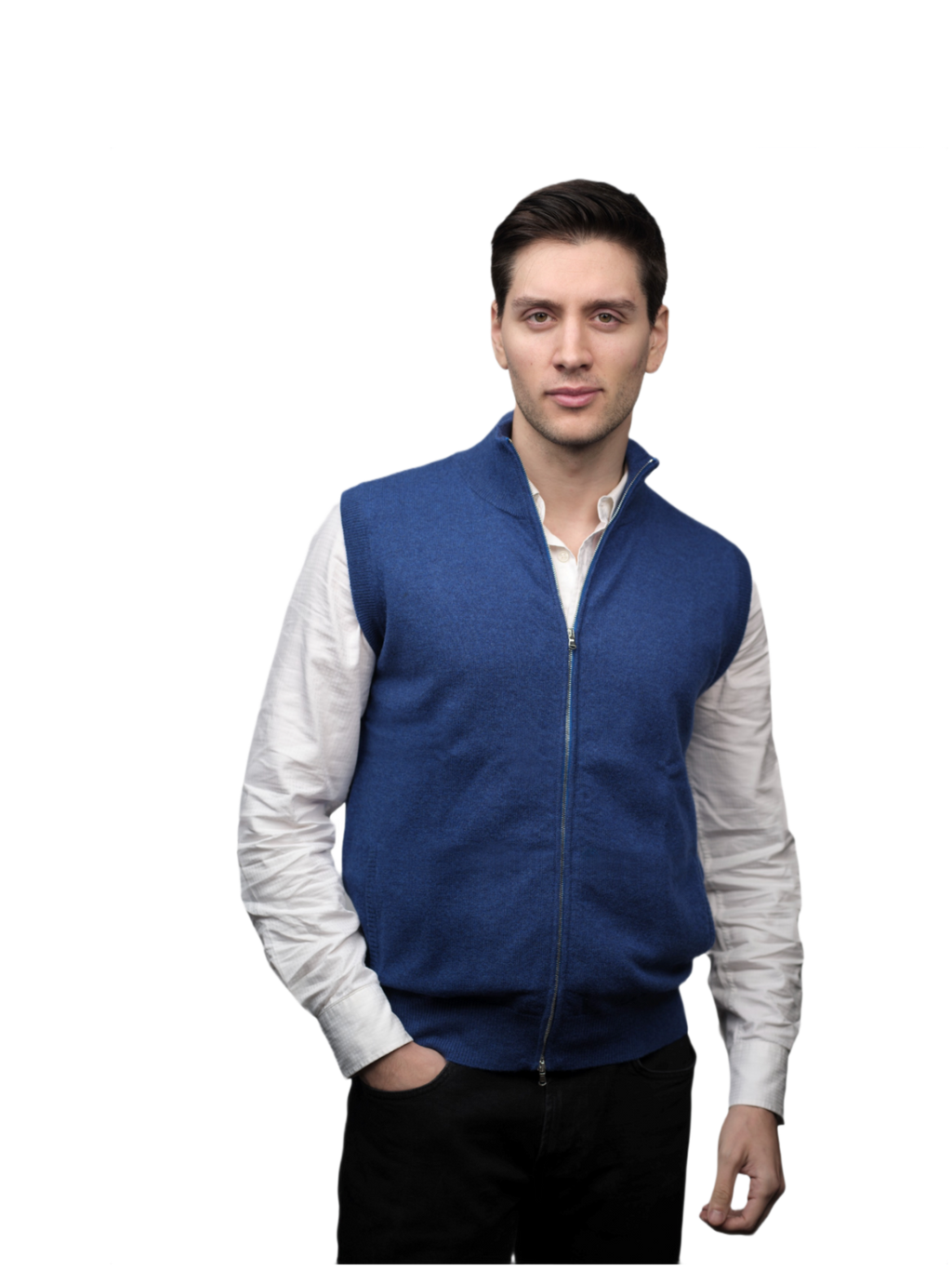 Men's 100% Cashmere Sleeveless Jacket with Zip Closure