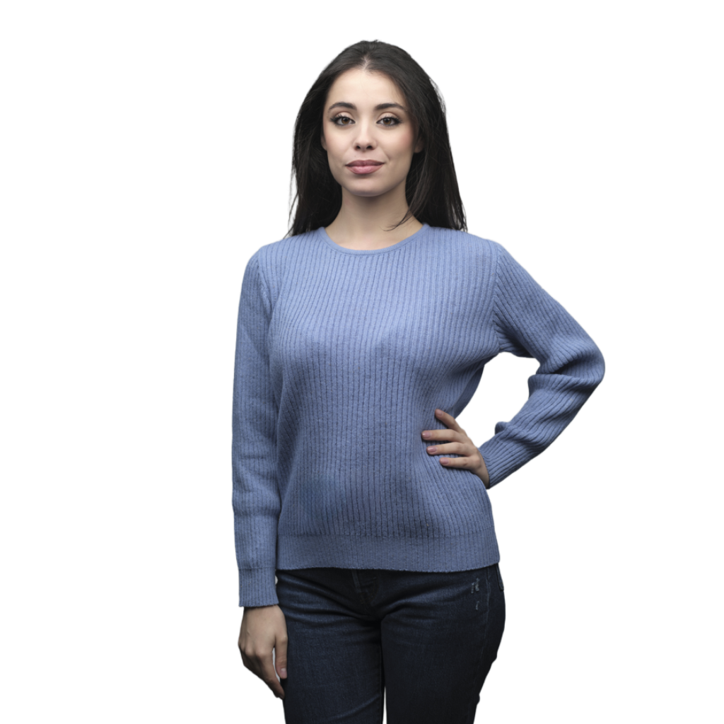 Women's Ribbed Crewneck Short-Chain Merino Wool Sweater