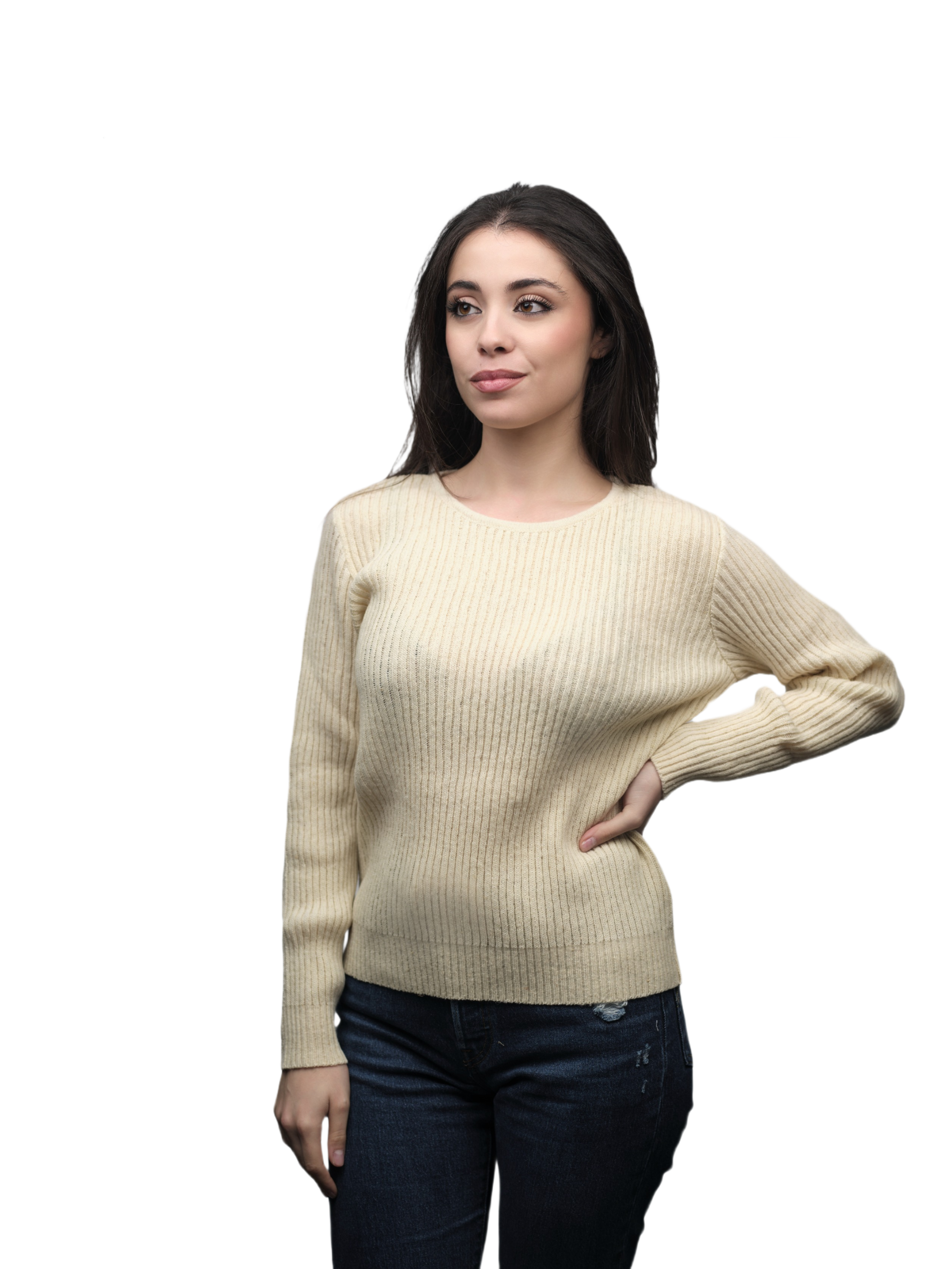 Women's Ribbed Crewneck Short-Chain Merino Wool Sweater
