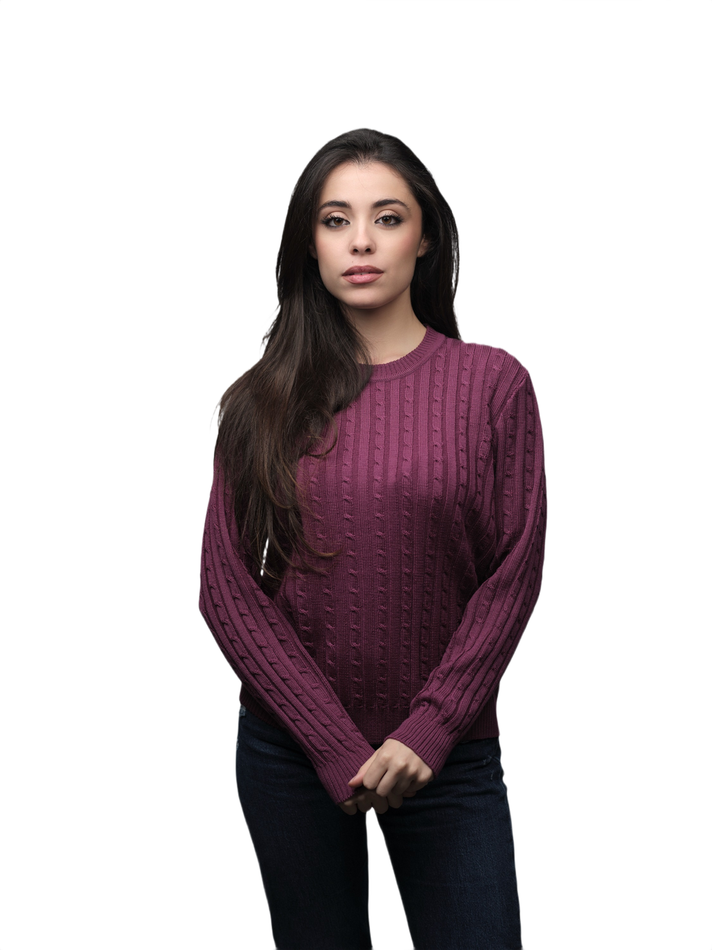 Women's Merino Wool Cable Knit Crew Neck Sweater