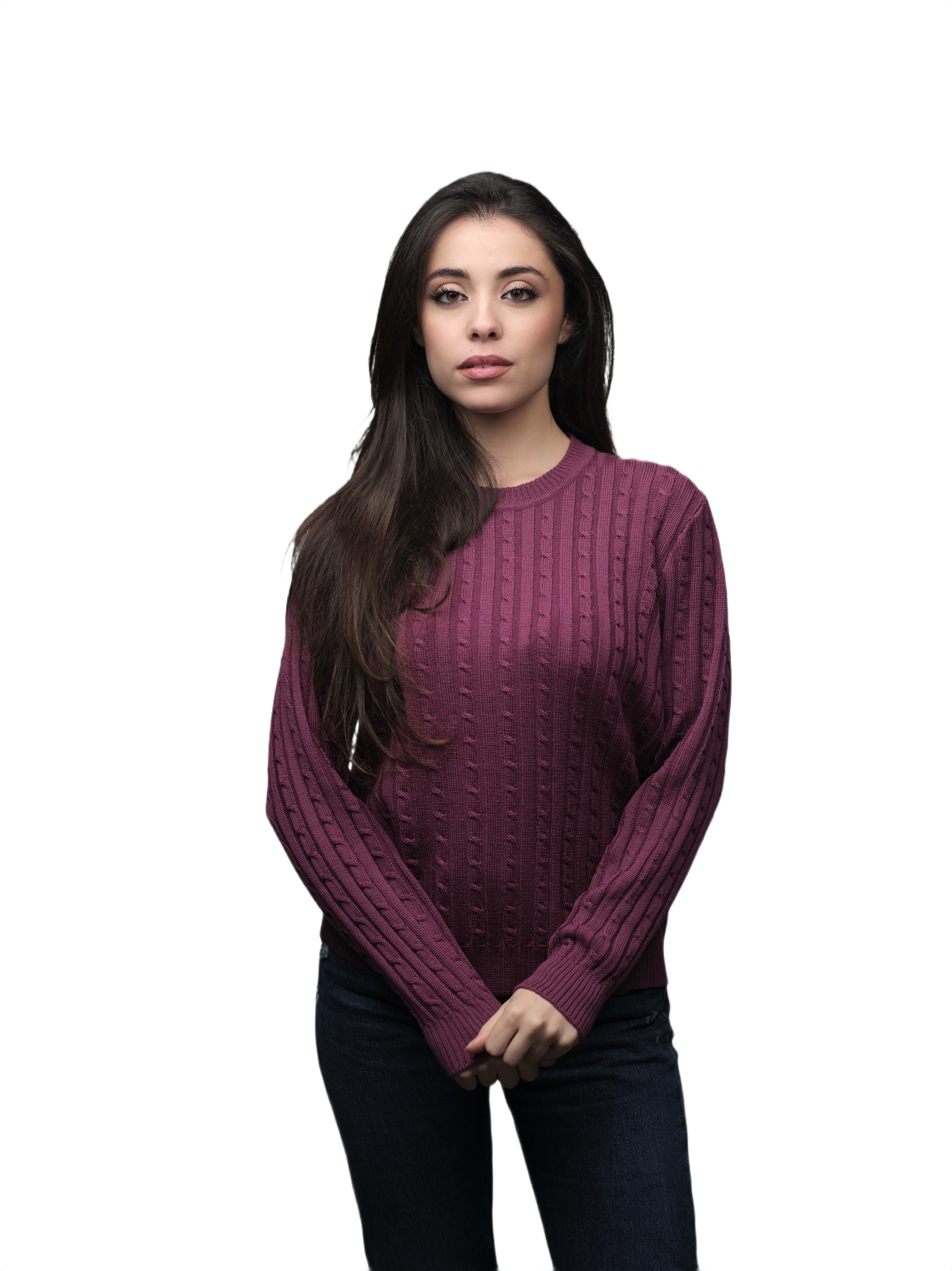 Women's Merino Wool Cable Knit Crew Neck Sweater