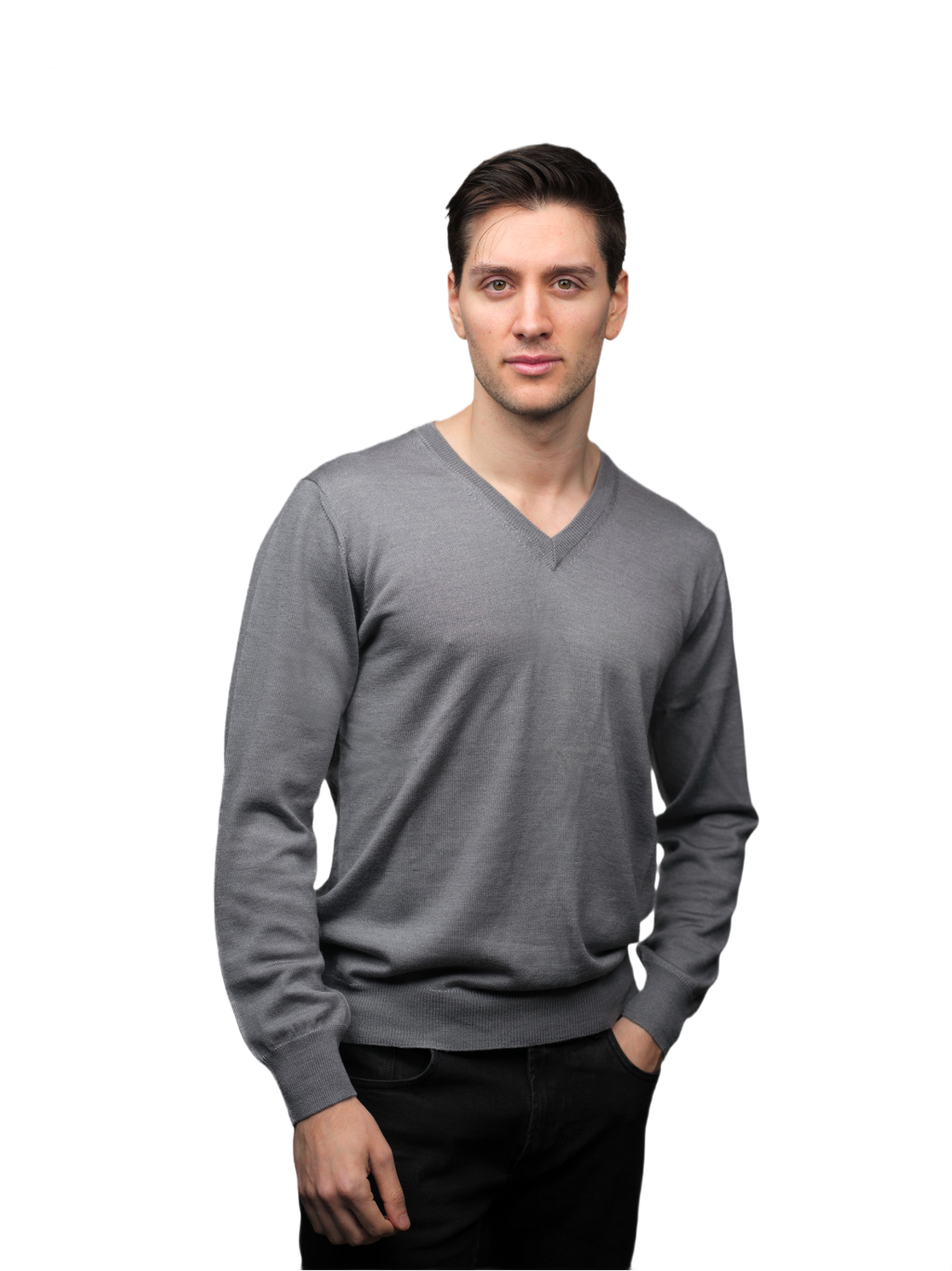 Men's V-Neck Sweater in Cashmere, Silk, and Extrafine Merino Wool Blend