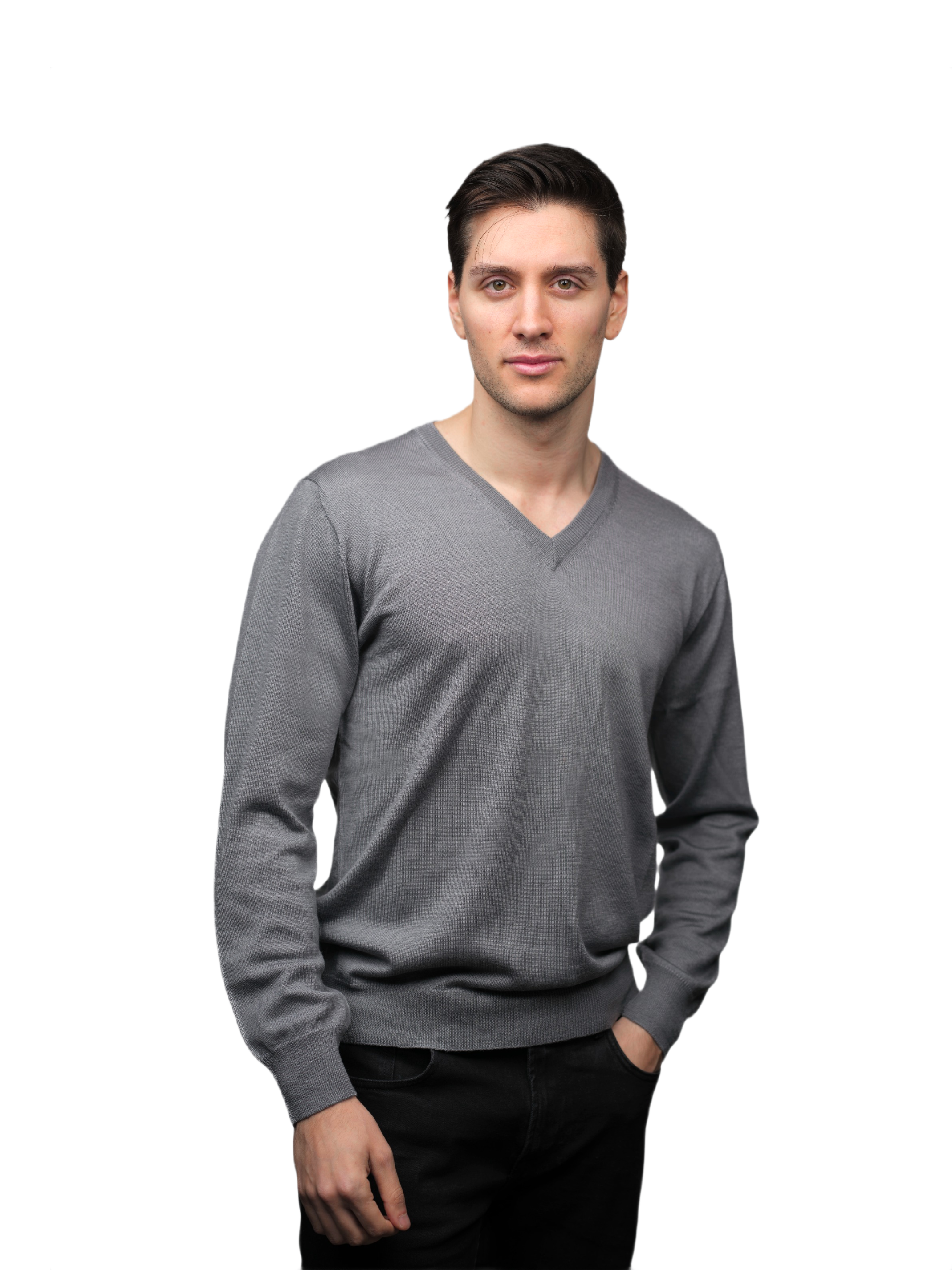 Men's V-Neck Sweater in Cashmere, Silk, and Extrafine Merino Wool Blend