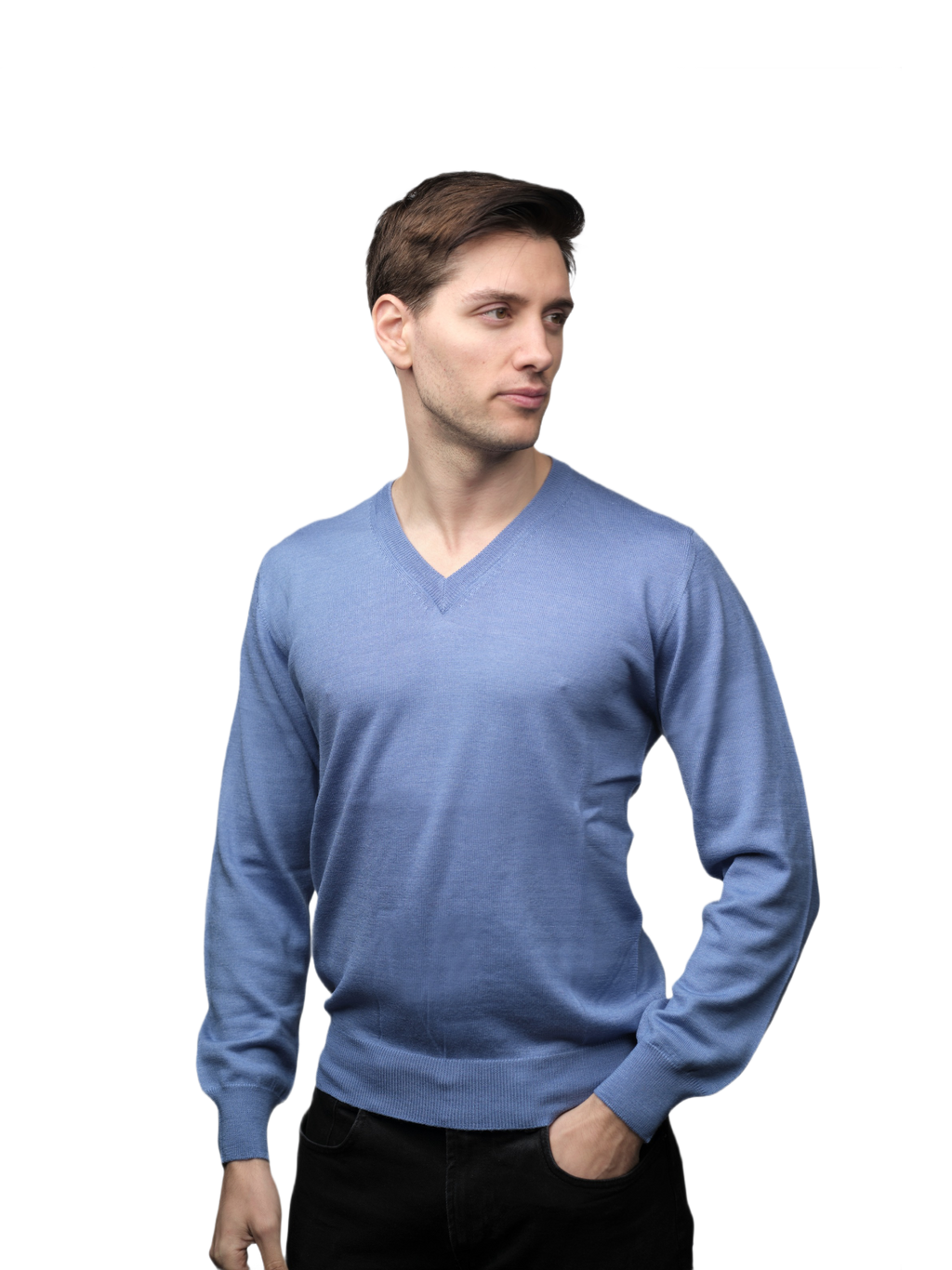 Men's V-Neck Sweater in Cashmere, Silk, and Extrafine Merino Wool Blend