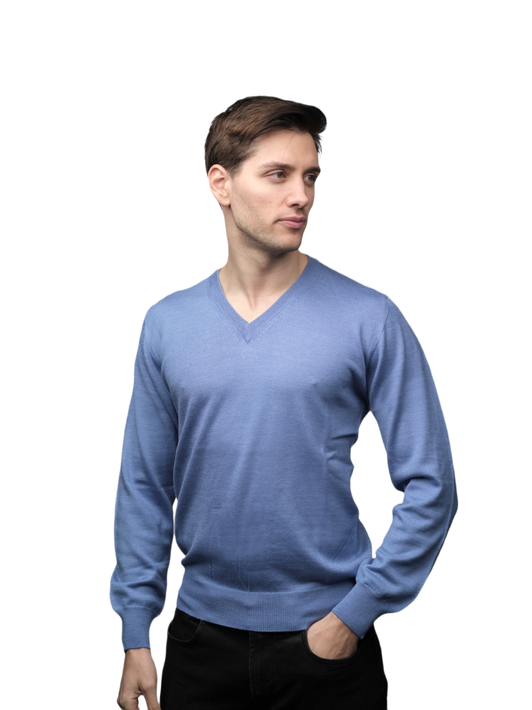 Men's V-Neck Sweater in Cashmere, Silk, and Extrafine Merino Wool Blend