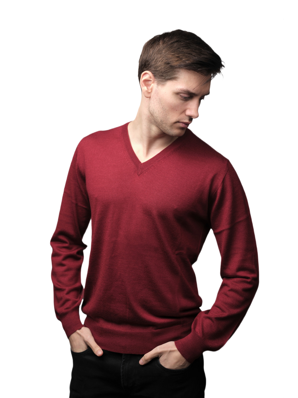Men's V-Neck Sweater in Cashmere, Silk, and Extrafine Merino Wool Blend