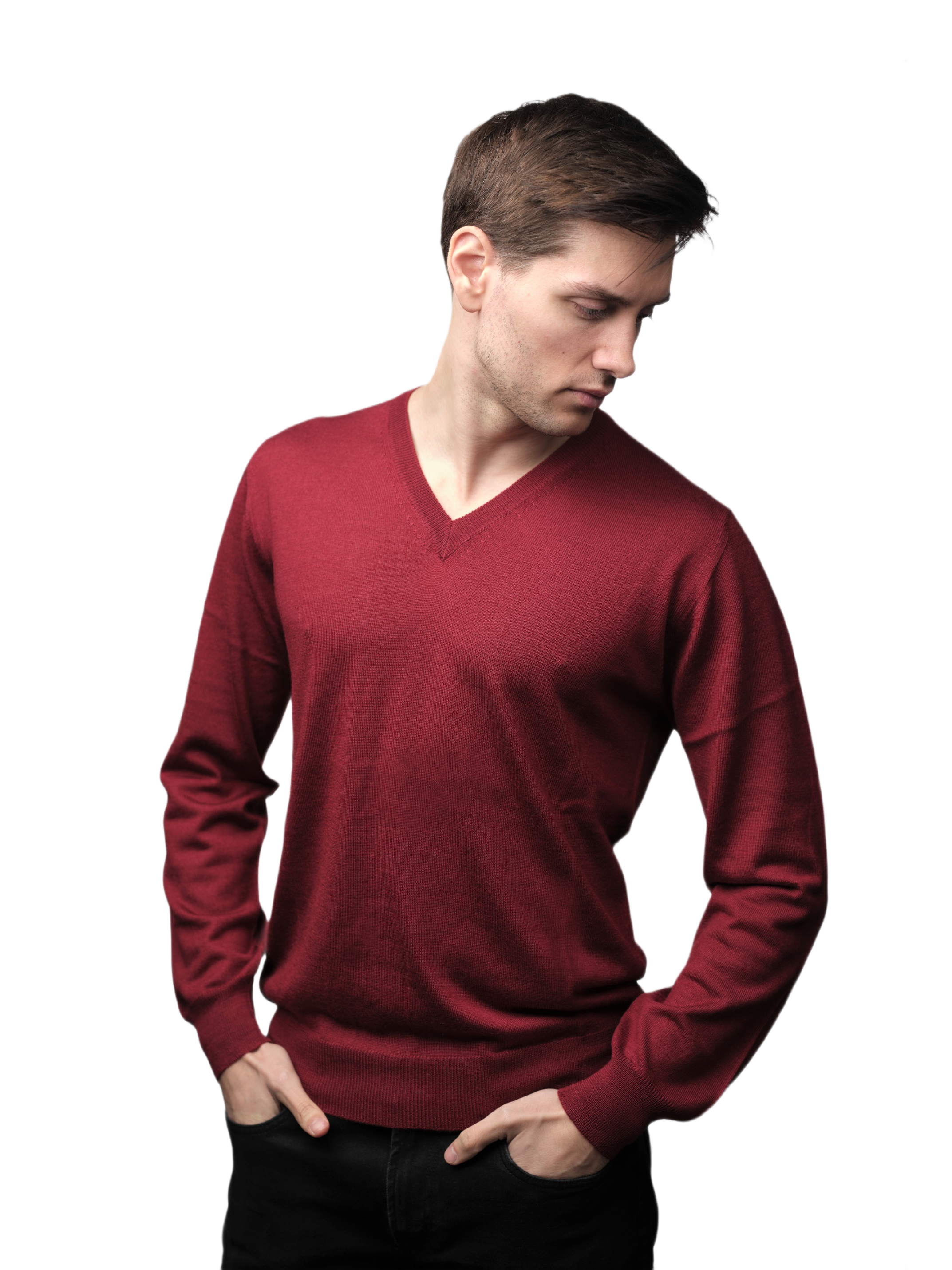 Men's V-Neck Sweater in Cashmere, Silk, and Extrafine Merino Wool Blend