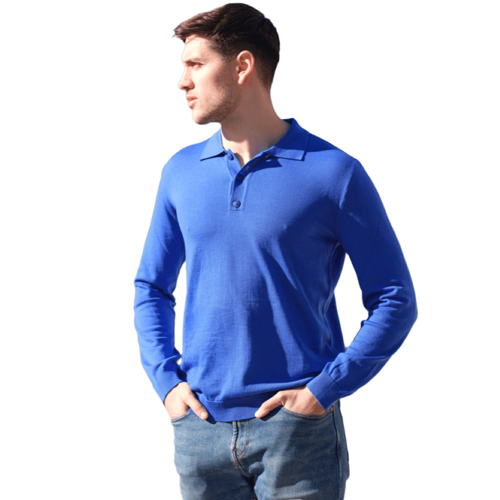 Men's long-sleeve polo shirt in extrafine merino wool