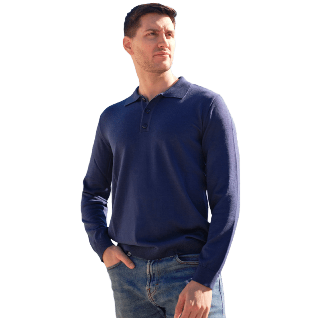 Men's long-sleeve polo shirt in extrafine merino wool