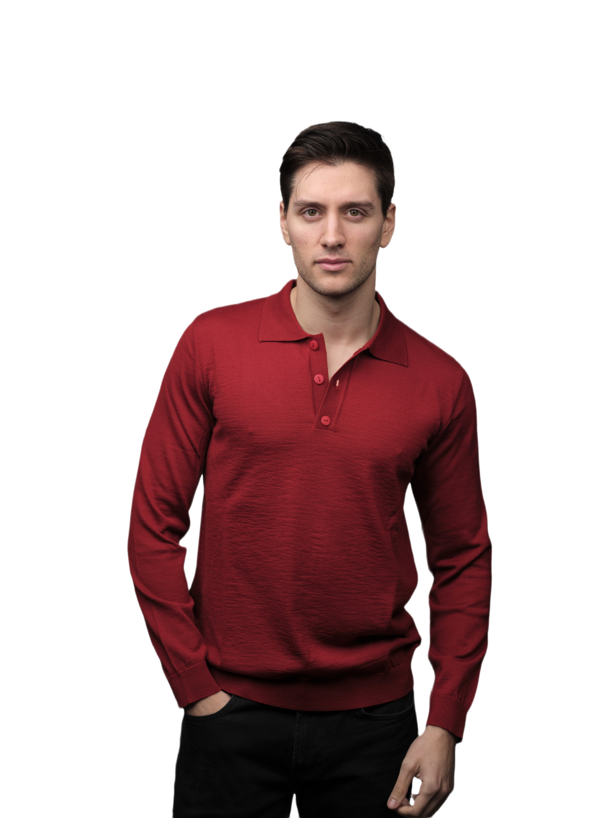 Men's long-sleeve polo shirt in extrafine merino wool