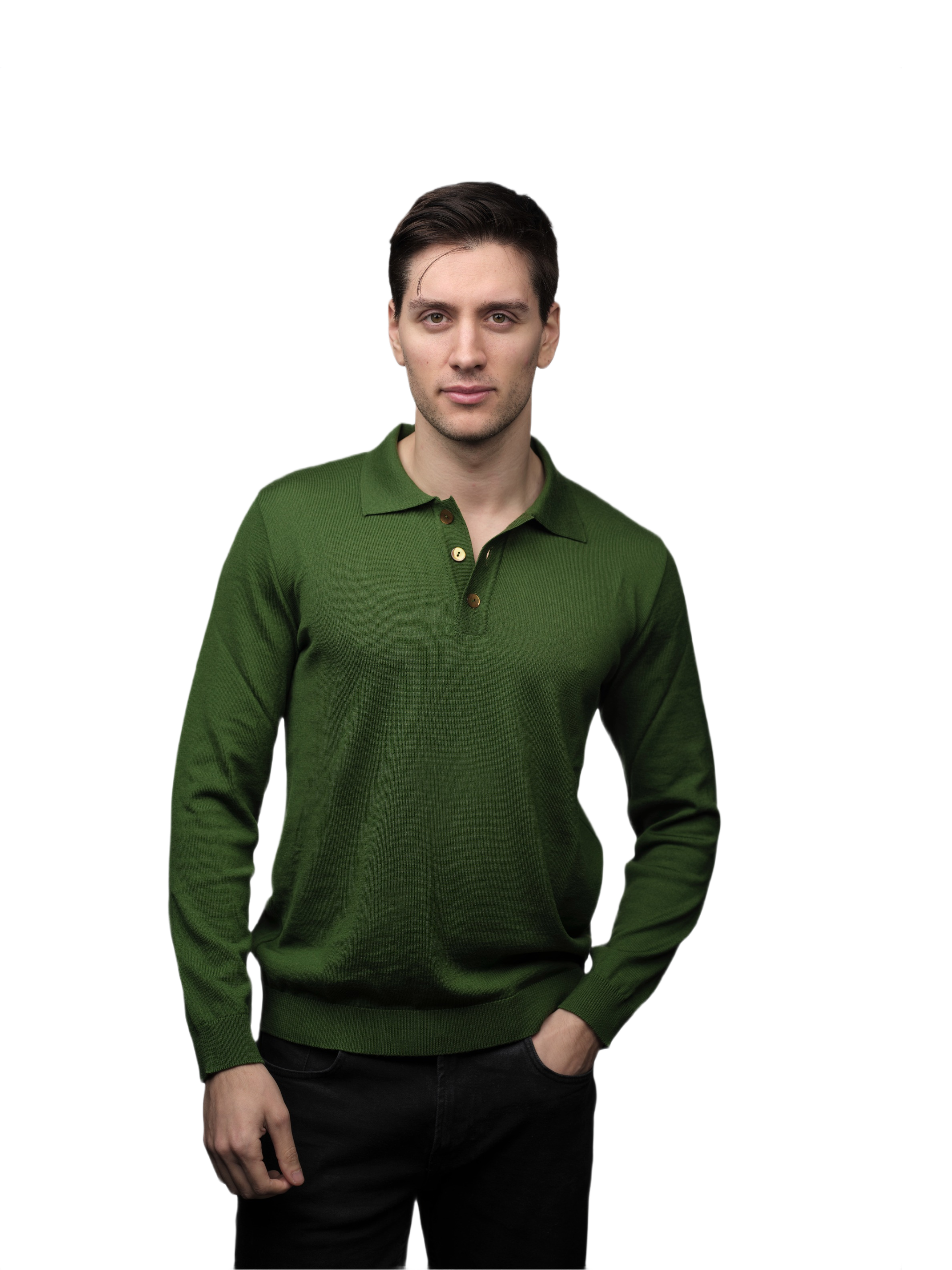 Men's long-sleeve polo shirt in extrafine merino wool