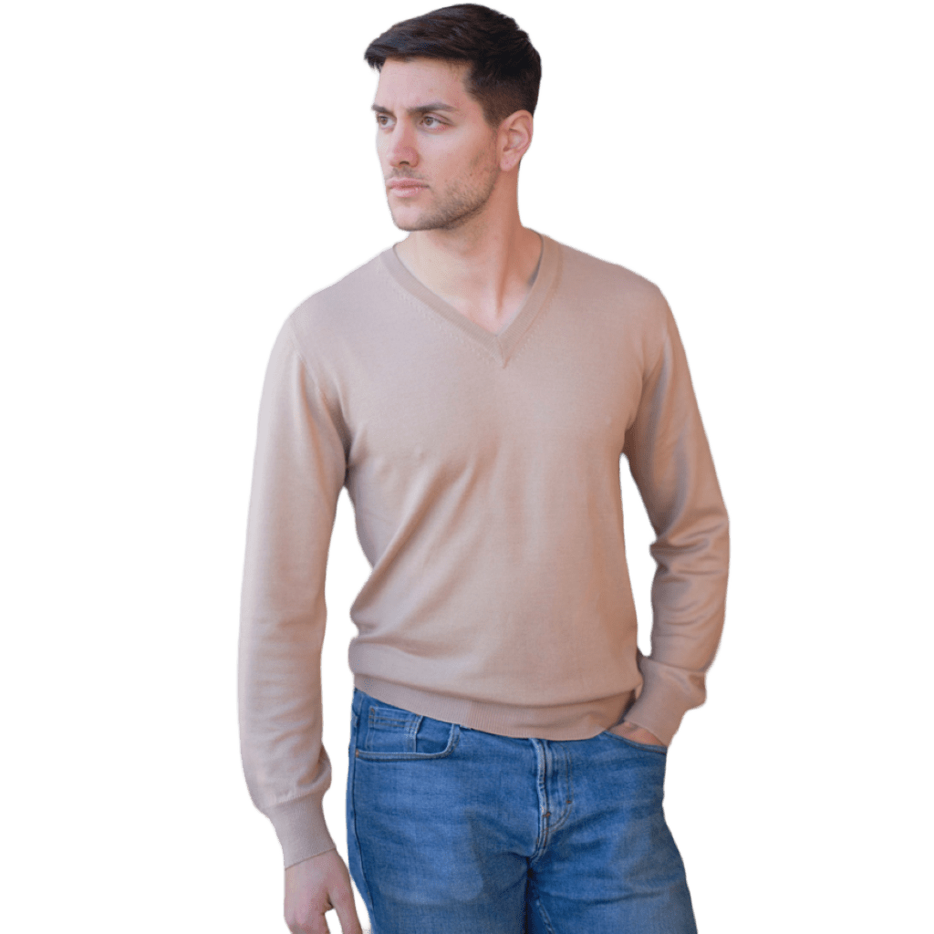 Men's V-Neck Sweater in Cashmere, Silk, and Extrafine Merino Wool Blend
